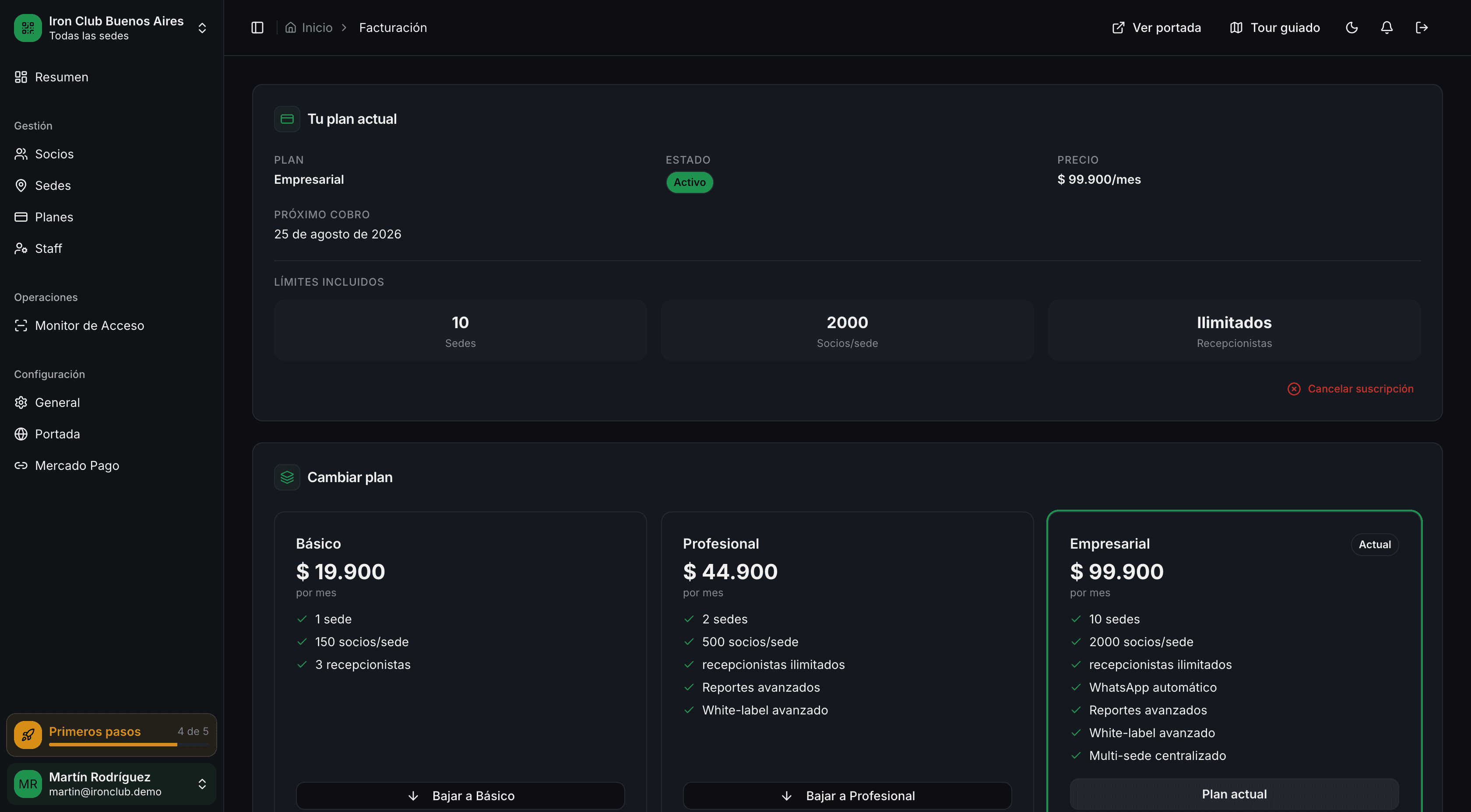 Panel de facturación de GymSmartAccess: plan activo con fecha de renovación y opciones de cambio de plan