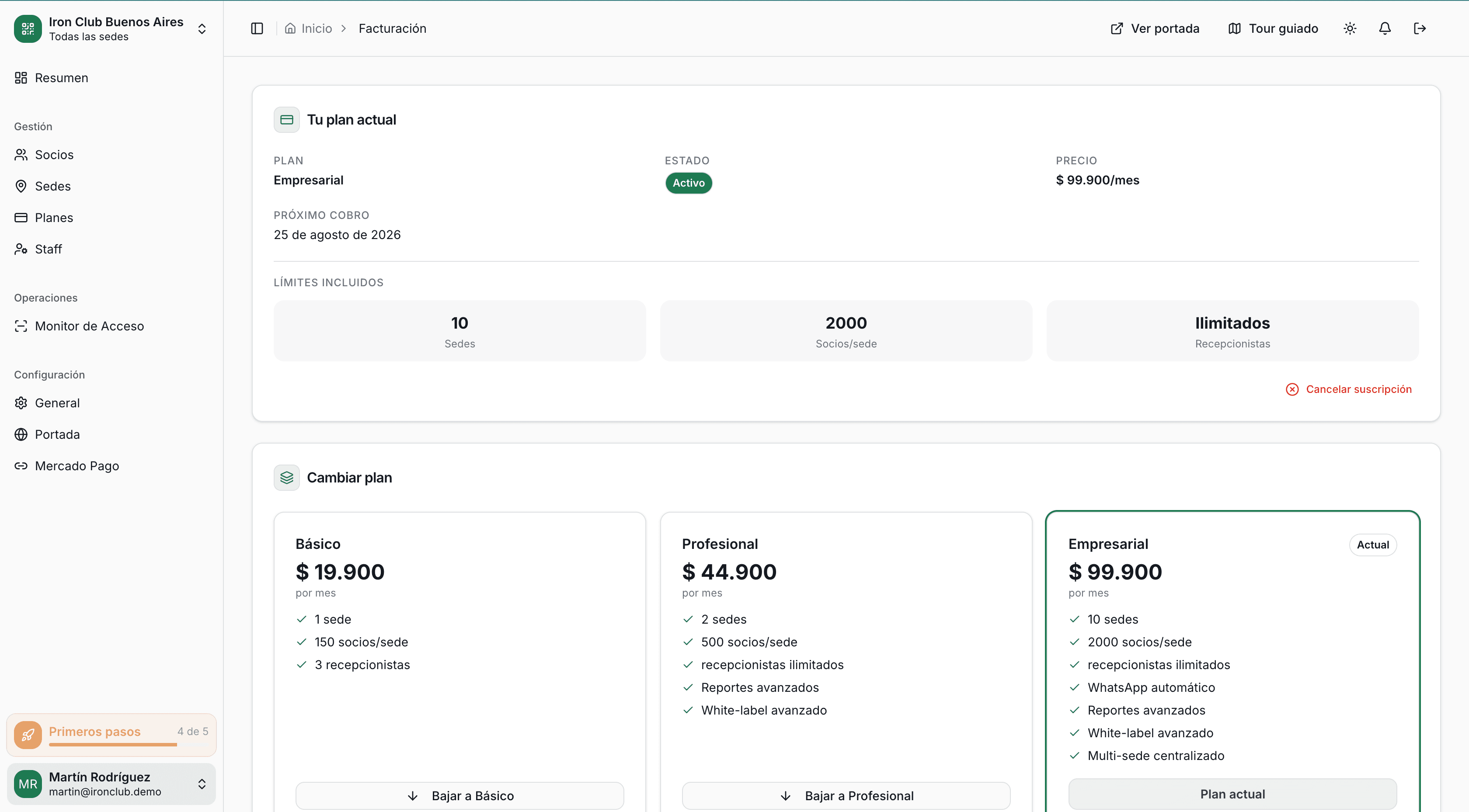 Panel de facturación de GymSmartAccess: plan activo con fecha de renovación y opciones de cambio de plan