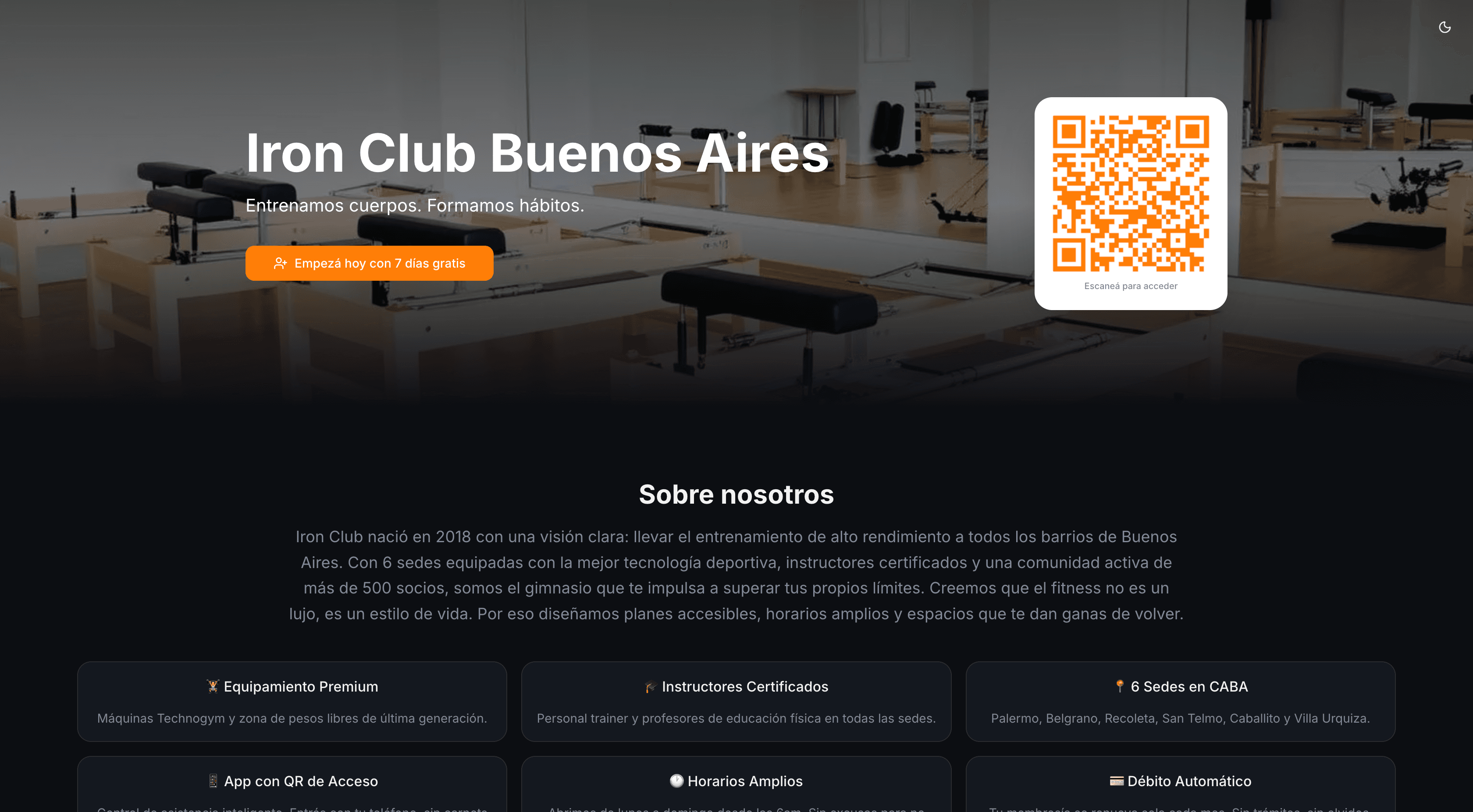 Landing pública personalizada de un gimnasio en GymSmartAccess: planes de membresía y botón de suscripción con Mercado Pago