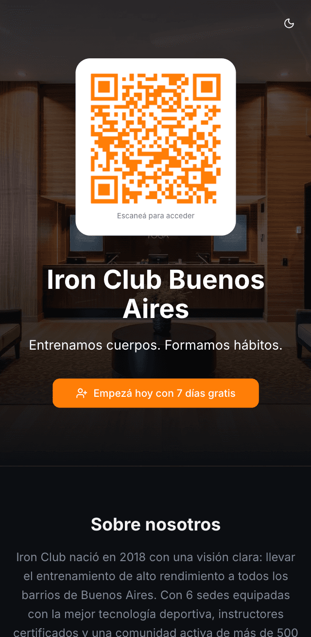 Vista móvil de la landing pública de un gimnasio en GymSmartAccess