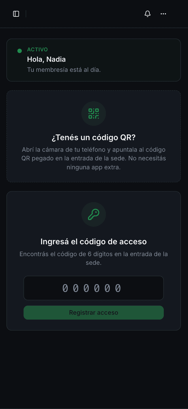 Vista del socio en GymSmartAccess: QR de acceso desde el celular sin instalar ninguna app