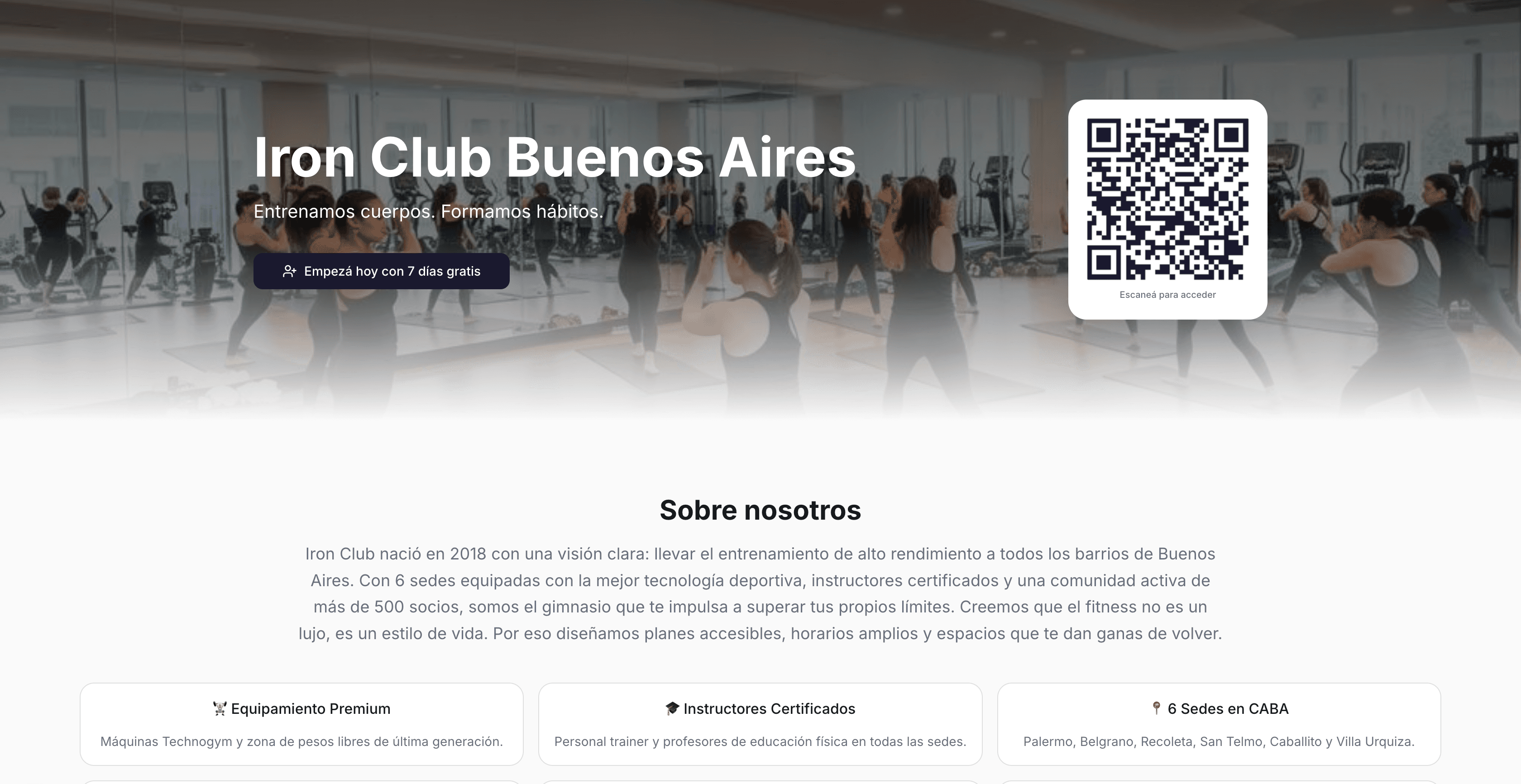 Landing pública personalizada de un gimnasio en GymSmartAccess: planes de membresía y botón de suscripción con Mercado Pago