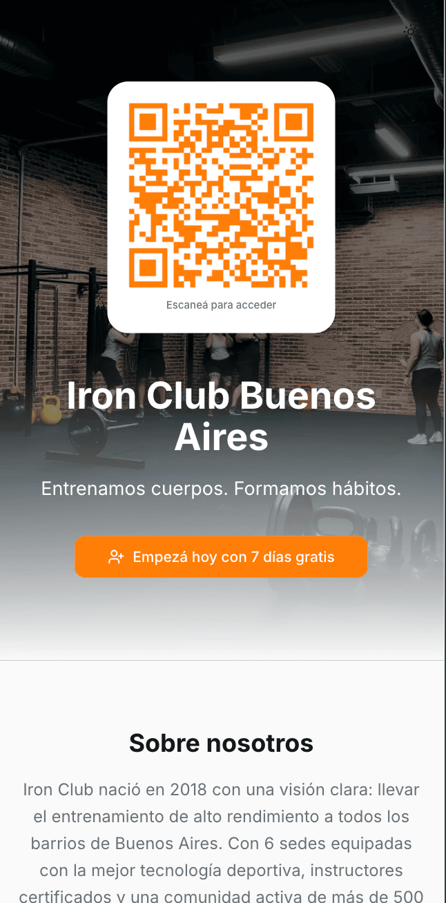 Vista móvil de la landing pública de un gimnasio en GymSmartAccess