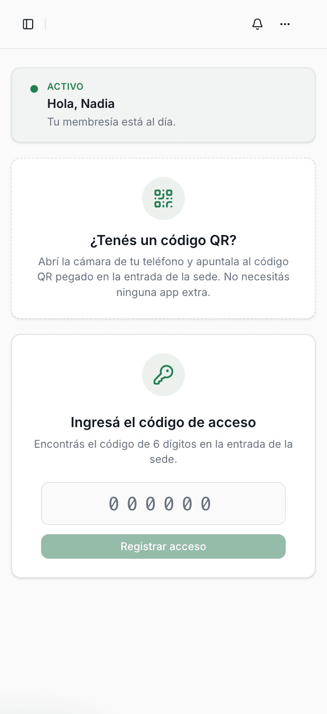 Vista del socio en GymSmartAccess: QR de acceso desde el celular sin instalar ninguna app
